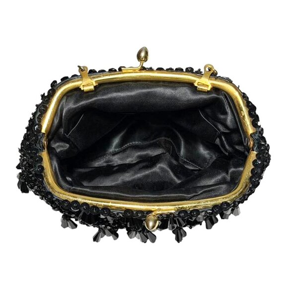 VINTAGE Black Shimmer Facetted Dangle Bead & Sequin 1920s Style Evening Bag - Picture 5 of 8